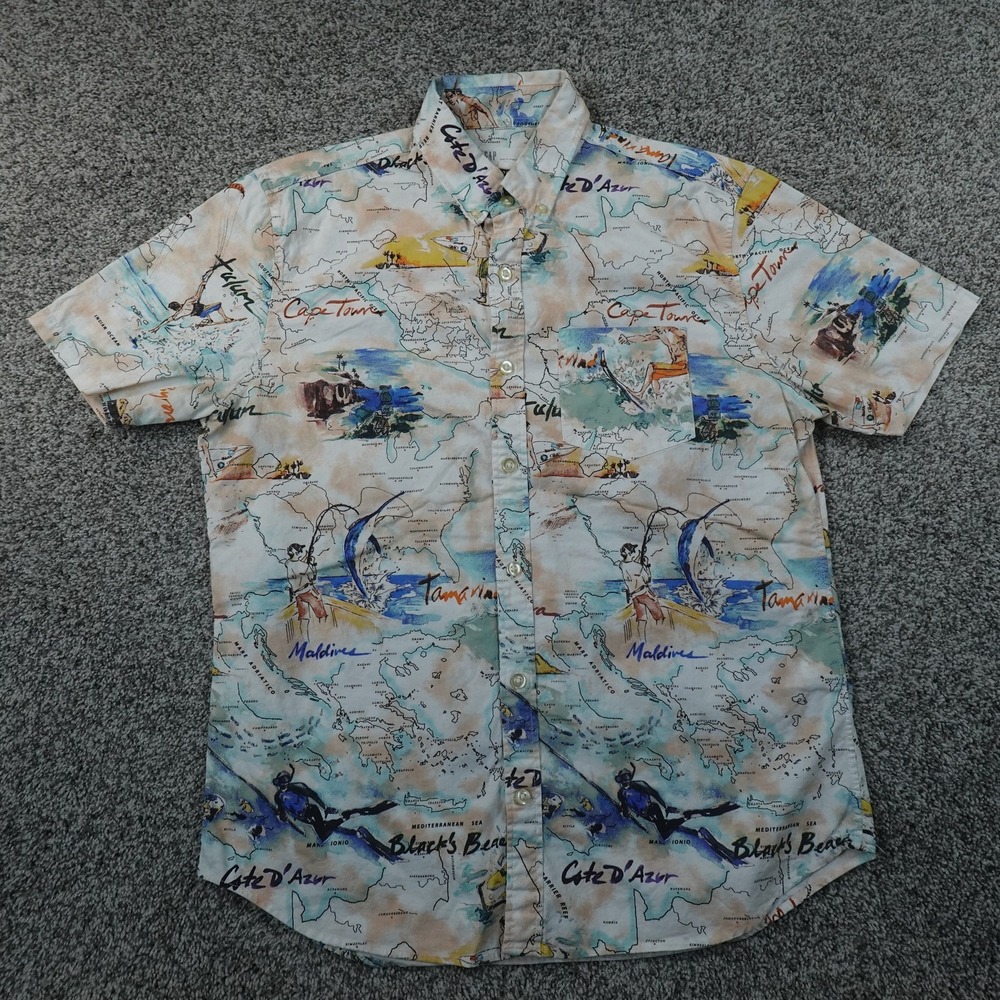 Gap Shirt Mens M Nautical Surf Fishing Travel Graphic Short Sleeve Button Up